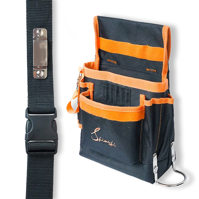 skimiski affordable electrician tool belt equipped with metal heavy duty hammer holder, 5-extra bit pockets, screwdrivers' pockets, tape holder band also the adjustable 29-52 inch double layer belt with quick release plastic buckle on which a metal tape measure holder is strongly fixed